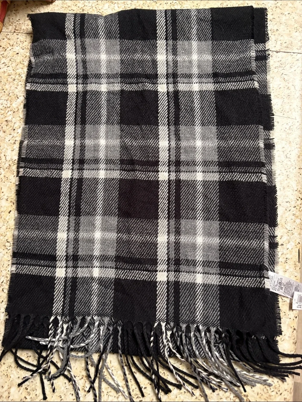 Old Navy Black and Gray Plaid Scarf with Fringe
